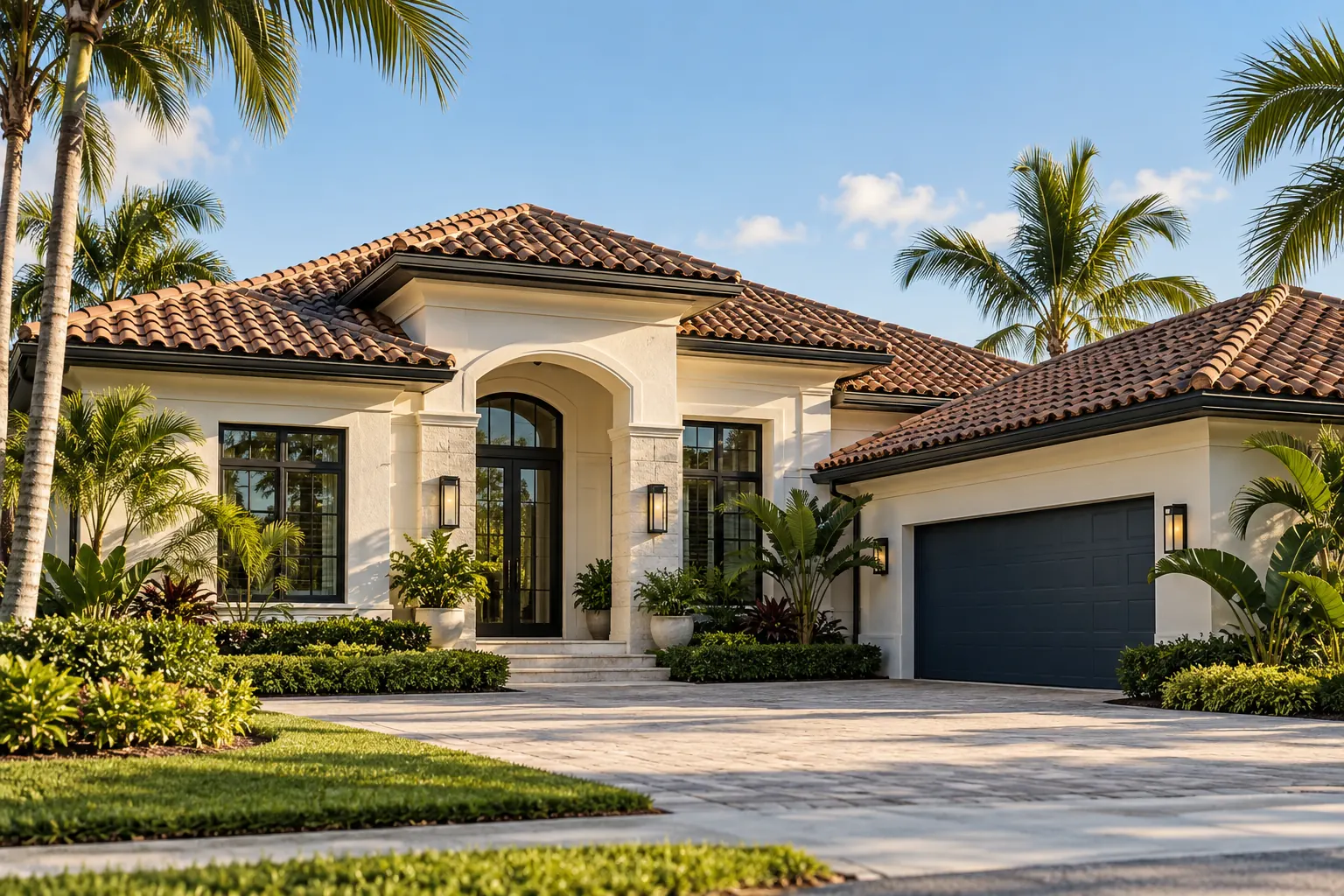Concept visualization of clay tile roofing on a Miami-style home